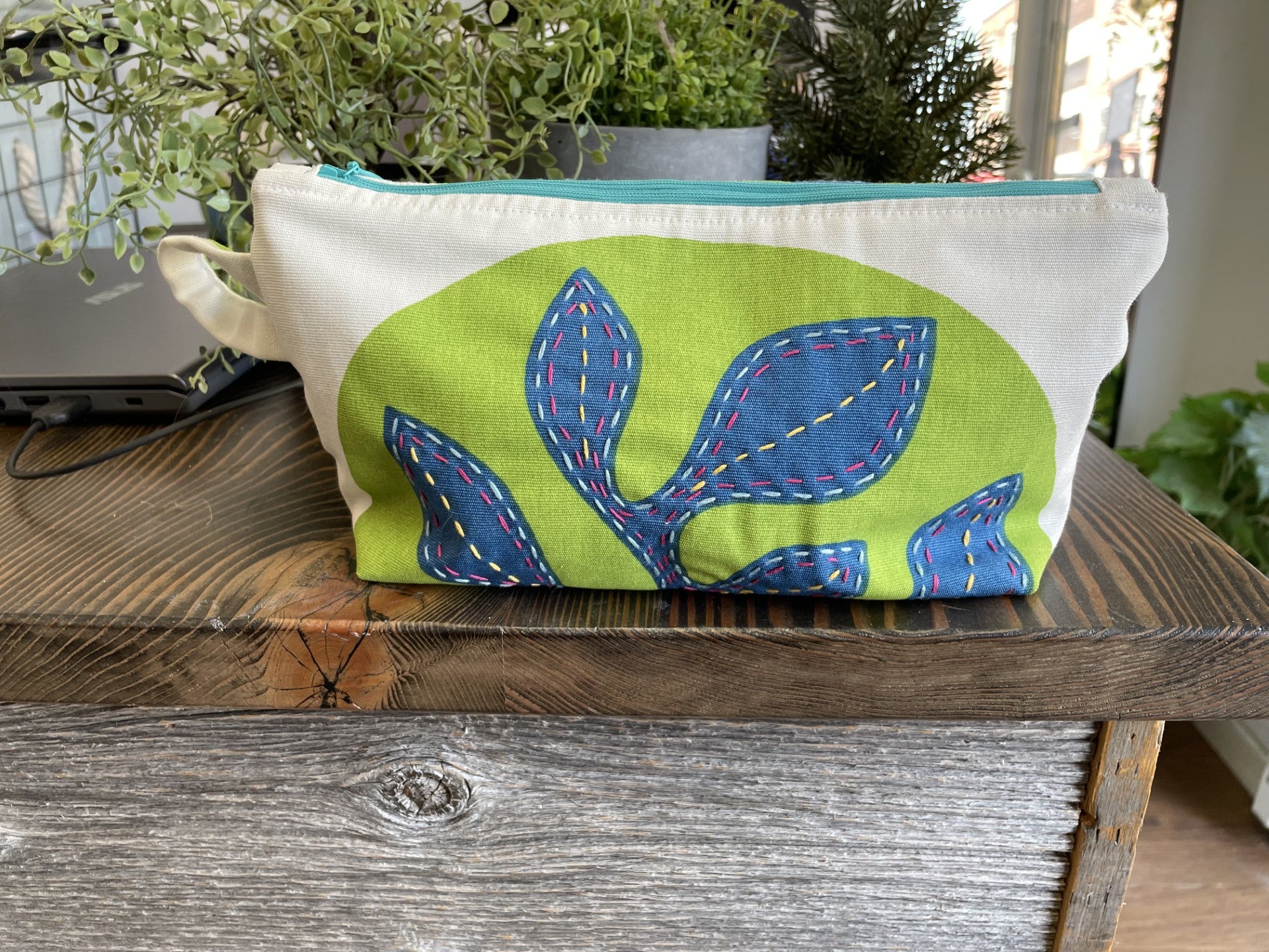 Blue Leaf on Green Embroidered Pouch
