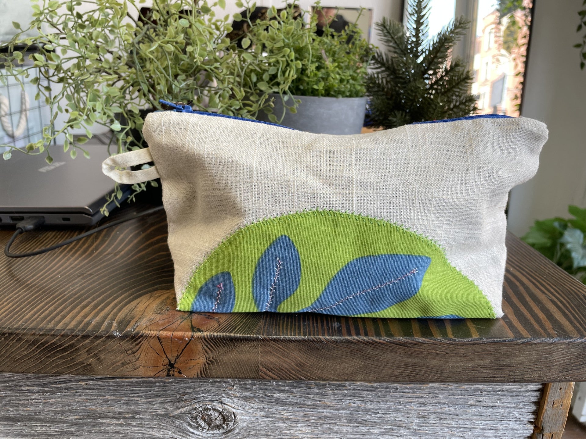 Blue Leaf on Green Embroidered Pouch